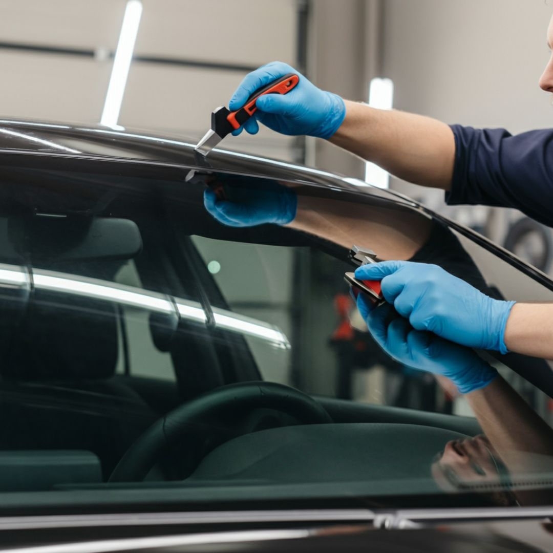 Un tecnico GGLASS che esamina una piccola crepa su un vetro auto, con un focus sul servizio di check rapido e professionale.